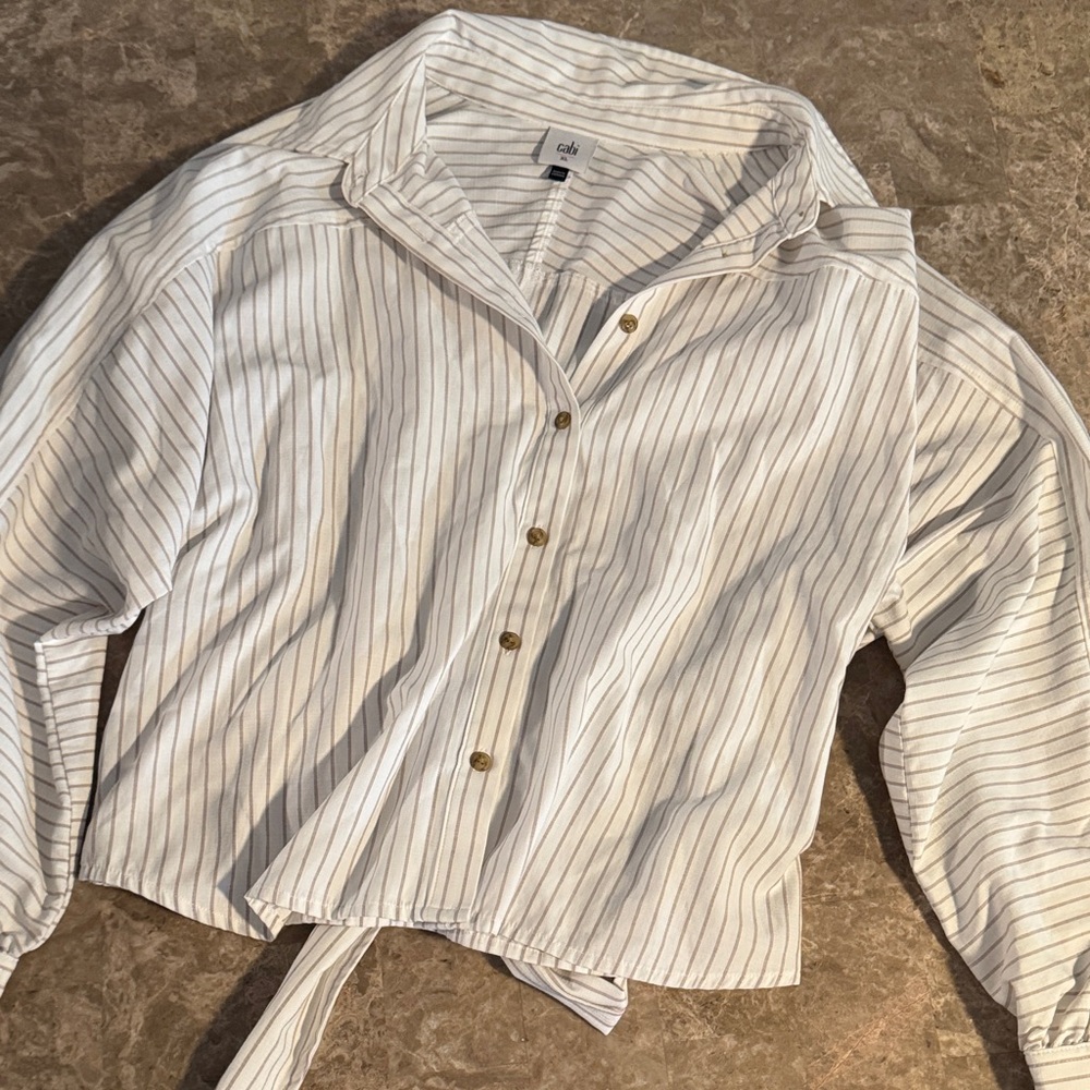 CAbi White and Light brown Striped Blouse